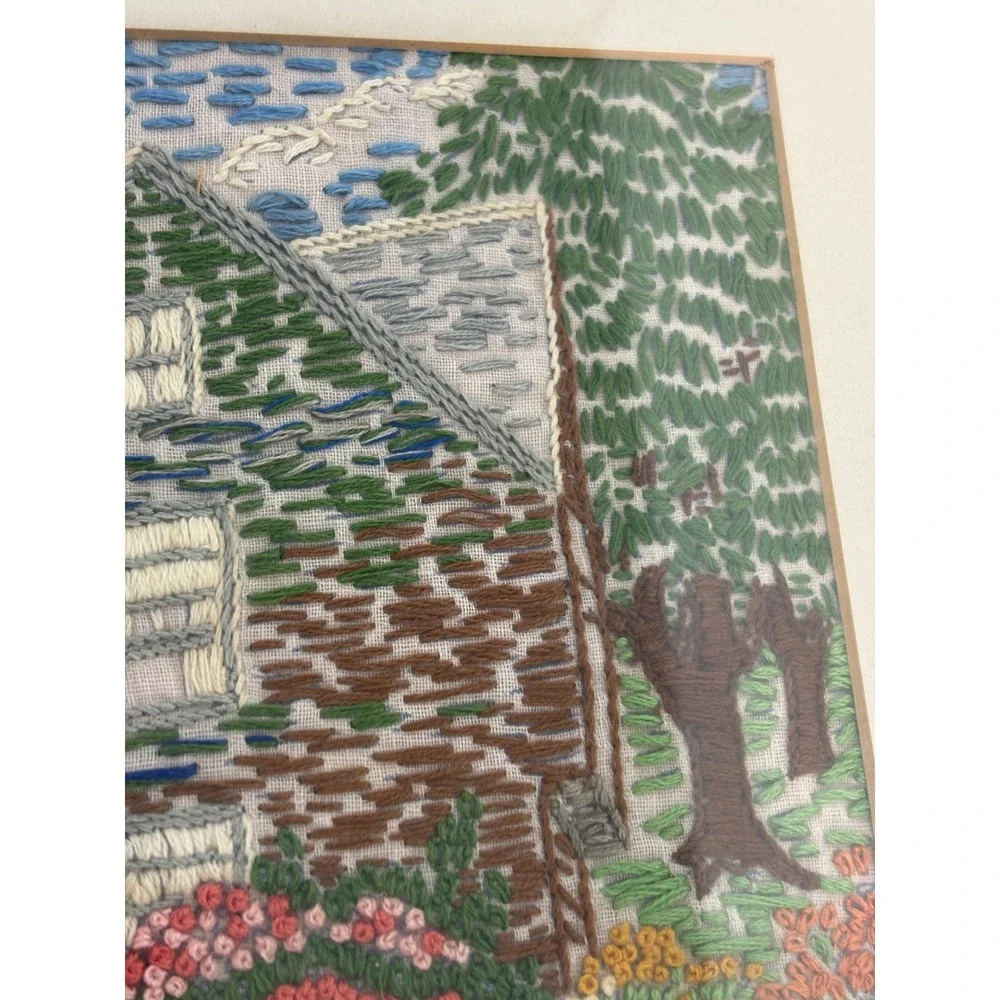 Crewel Embroidery Art 15x12 Multi-Color Cottage Garden Framed Home Decor Vintage